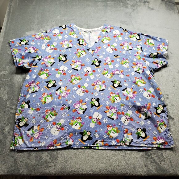 Snowman and Penguin Holiday Graphics V-neck Scrub Top 2 Pockets Blue Wm Sz 3XL - Picture 1 of 10